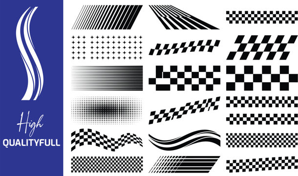 Collection of different dynamic speed lines. Design of racing stripes and car decals for racing and motorsport. Striped dotted and checkered lines. Vector illustration