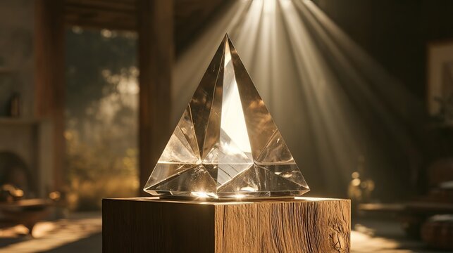 Clear Epoxy Resin Pyramid Sculpture Sunset Light Refraction Phot