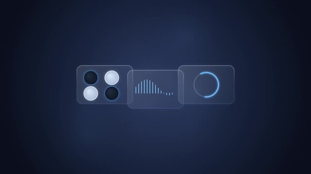 Abstract hud interface animation with audio waveform and progress circles on dark background