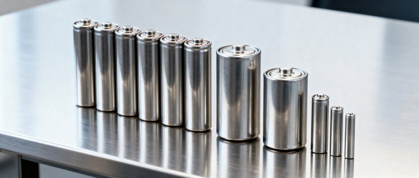 Assorted metal battery cells arranged by size on reflective surface showing AA, AAA, C, D types