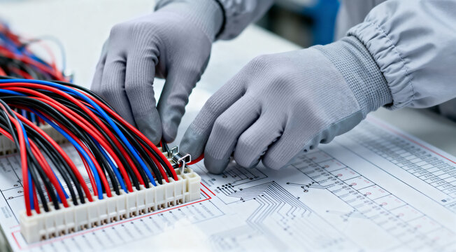 Electronics technician assembling multicolor wiring harness on circuit schematic in factory