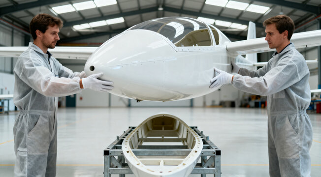 Aircraft assembly technicians working on small white airplane nose in modern aerospace hangar