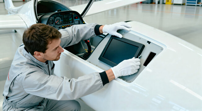 Aircraft technician installing avionics touchscreen in glider cockpit during routine maintenance inspection
