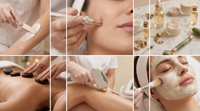 Collage of Professional Spa Treatments Skincare Procedures and Body Care Details. Concept of cosmetic procedure, facial, cosmetology, massage.
