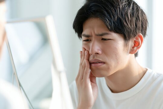 肌荒れやニキビに不安を感じ鏡を覗き込む若い日本人男性