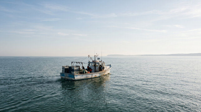 Small fishing boat sailing in calm open sea water under pale blue sky. Concept of fishing vessel, ocean. Copy space.