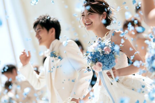 結婚式を挙げ満面の笑みでフラワーシャワーに包まれる新郎新婦の幸せな瞬間