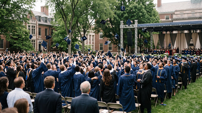 University Graduates Throwing Caps in the Air During Outdoor Commencement Celebration Ceremony. Concept of graduation, college, education, cap toss.