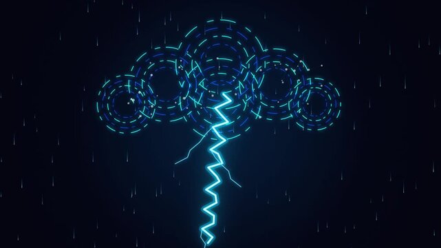 Neon technology cloud shape with pulsing circles and data rain animation against dark background