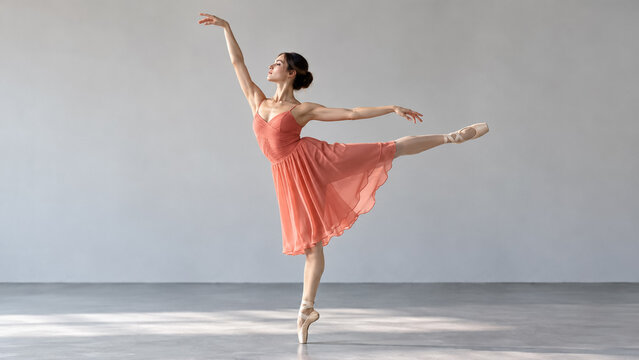 Graceful ballerina in coral dress performing arabesque pose in dance studio. Concept of pointe shoes, ballet dancer. Copy space.