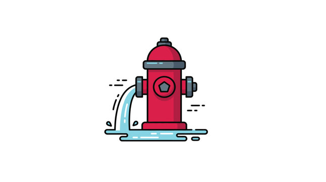 Bright red fire hydrant vector graphic illustration featuring a leaking stream of cold blue water pooling on the ground