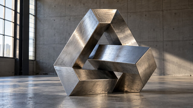 Metallic impossible triangle sculpture standing on concrete floor in modern industrial interior. Concept of geometric symbol, penrose triangle, optical illusion, metal sculpture, geometric shape.