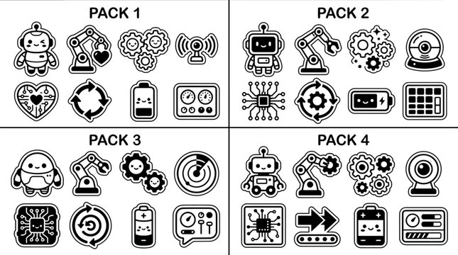 Cute robot and technology stickers - vector graphic illustrations