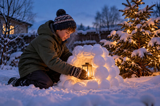 Ragazzo posa una lanterna tra palle di neve in giardino a Natale