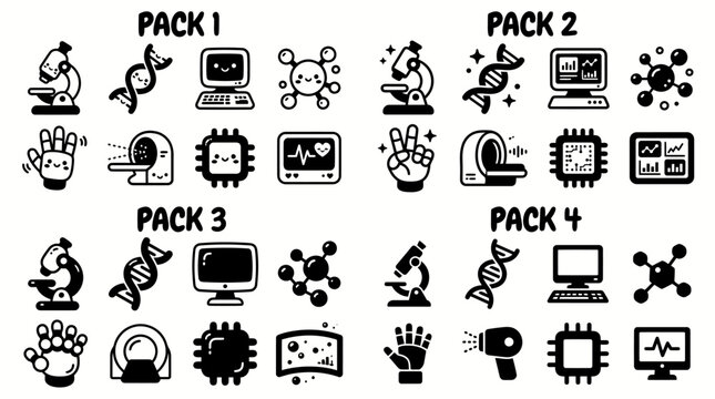 Science and technology vector icon packs with microscopes and gadgets
