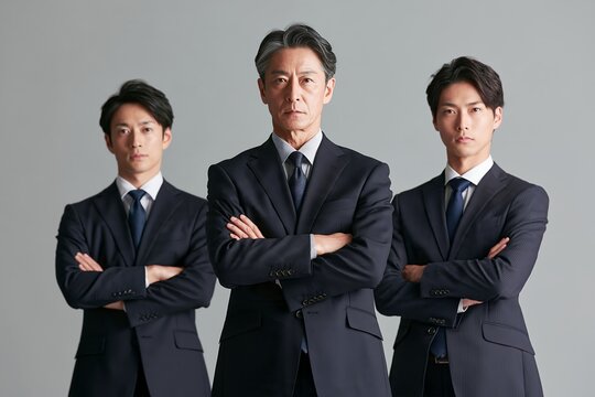 結束するビジネスマン3人が腕組みで信頼と決意を示す