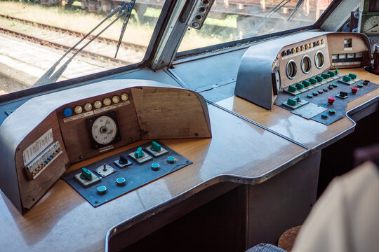Railway control panel train cab analog technology operations infrastructure transport console with legacy driver equipment.