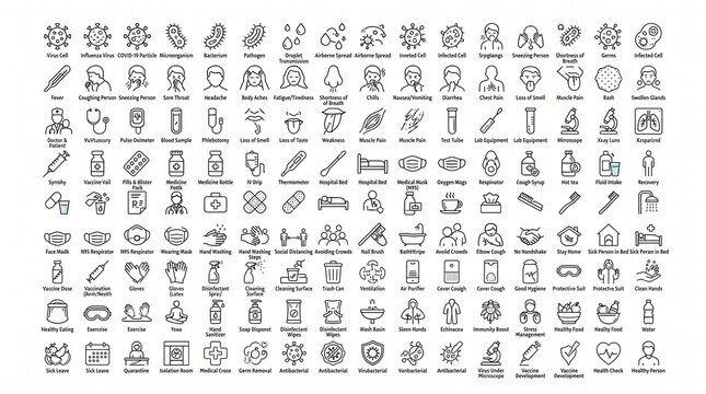 Set of minimalist medical and virus prevention line art icons on