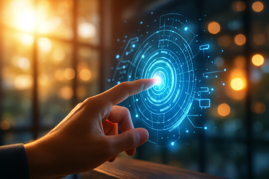 Finger touches blue circular holographic interface in warm interior