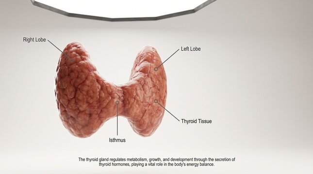 Anatomical diagram of human thyroid gland showing lobes and isthmus