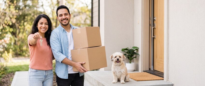  Casal de brasileiros com cachorro e caixas na mudan&ccedil;a para casa nova proprietario feliz chave
