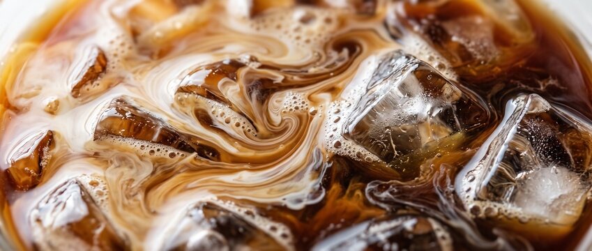 Extreme macro of iced cold brew coffee with swirling cream milk and glistening ice cubes in crisp amber tones.