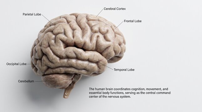 Anatomical human brain diagram showing lobes and cerebellum for