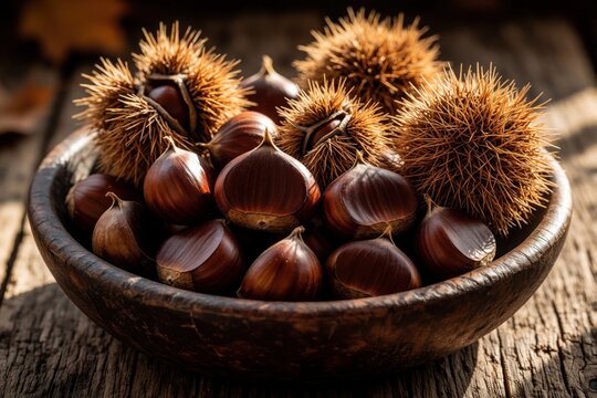 Fresh chestnuts, spiky burrs lie in rustic wooden bowl. Autumn harvest fruits sit on weathered wood table. Natural seasonal food collection ready for cooking decoration. Nut shells, brown nuts create