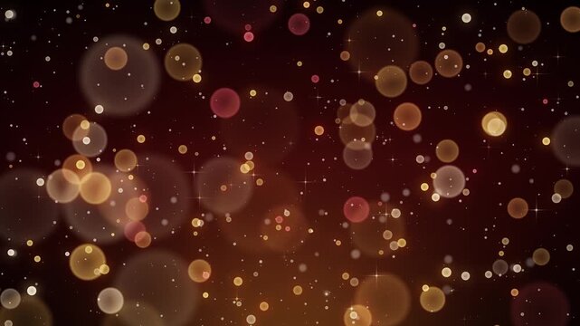 Red and gold Christmas bokeh with falling snow. Warm golden lights glow and twinkle on a deep ruby background while snowflakes drift down, a seamless festive loop for holiday greetings and New Year.
