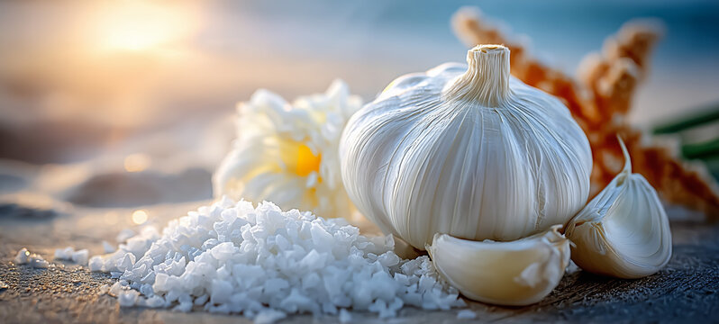 White garlic bulb and cloves sit beside coarse salt