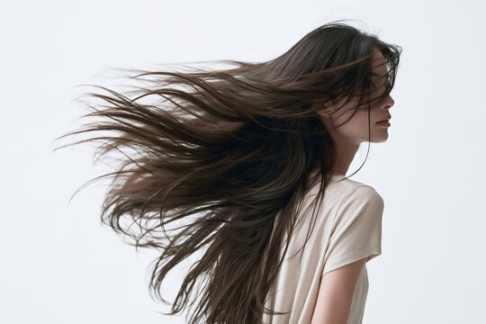 白背景で風になびく美しい髪の毛が魅力的な女性の横顔イメージ