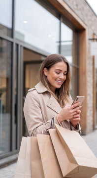 Smiling young woman looking at smartphone while carrying multiple paper shopping bags in front of store window, urban lifestyle. Retail, fashion, consumerism, commerce.
