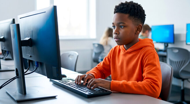 Young boy sitting at desk using computer in classroom, concentrated expression while typing on keyboard, modern school laboratory. Education, learning, technology, student life.