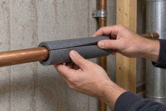 Hands fitting foam insulation around exposed copper pipe in basement. Pipe insulation for home leak prevention and plumbing protection. DIY maintenance, energy efficiency and household