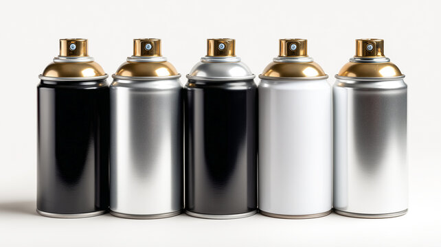 Row of five blank spray paint cans in black silver and white colors with gold and silver nozzles standing in a line isolated on a clean white background