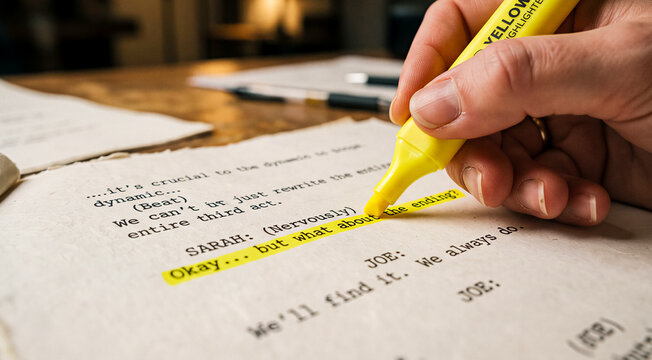 Close up of hand using yellow highlighter on printed script paper, text highlighting dialogue and stage directions, editing process. Film production, screenwriting, storytelling