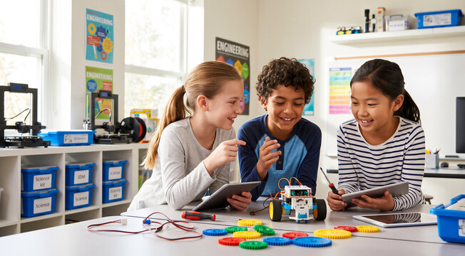 Three diverse children working together on a robotic car project in a classroom, using tablets and tools, science lab environment. STEM education, robotics, learning, engineering, childhood.