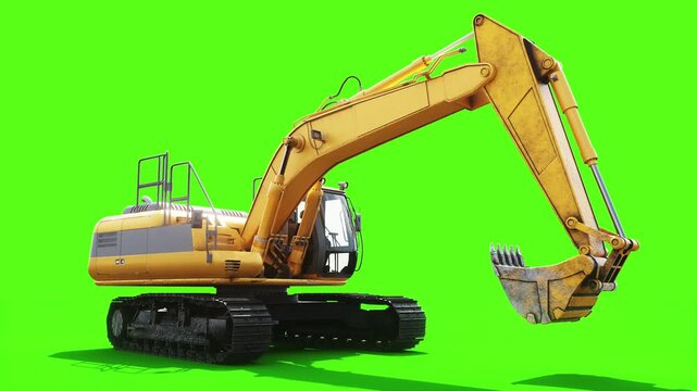 Heavy Tracked Excavator with Bucket Moving on Green Screen, Animated Construction Machinery and Crawler Tracks