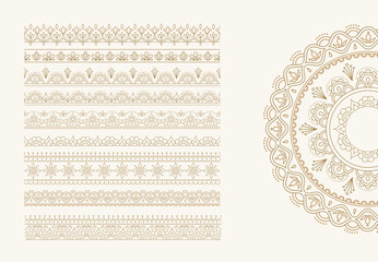 Beige Diwali decorative mandala floral border elements. Golden ethnic template with geometric line art elements. Oriental vector illustrations © Marina Zlochin