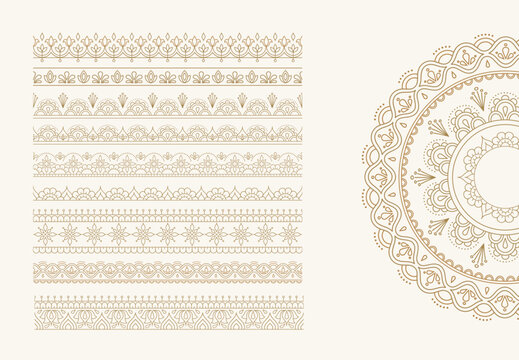 Beige Diwali decorative mandala floral border elements. Golden ethnic template with geometric line art elements. Oriental vector illustrations