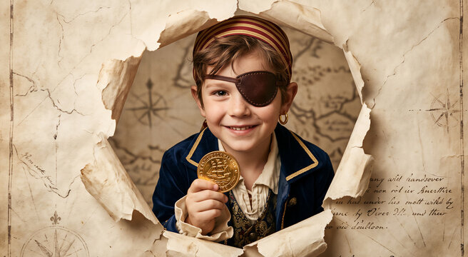 Young boy dressed as pirate holding gold coin through hole in vintage treasure map, eye patch and striped cap. Adventure, childhood imagination, storytelling.