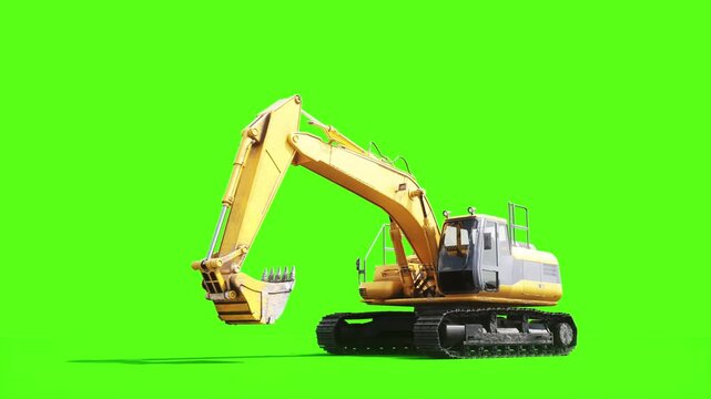 Heavy Tracked Excavator with Bucket Moving on Green Screen, Animated Construction Machinery and Crawler Tracks