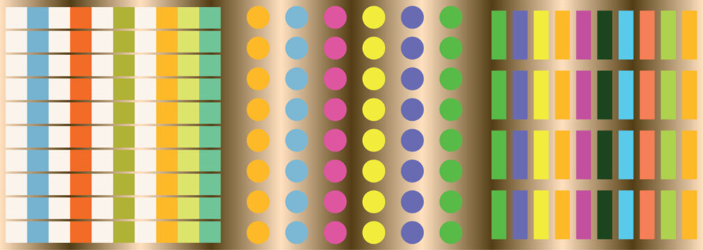 Set of colorful geometric patterns featuring horizontal bars, aligned circles, and vertical rectangles on a metallic bronze gradient background