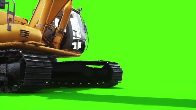 Heavy Tracked Excavator with Bucket Moving on Green Screen, Animated Construction Machinery and Crawler Tracks