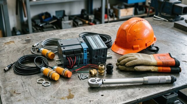 PLC modules, proximity sensors, cable glands, safety helmet, gloves and torque wrench arranged on an industrial steel workbench