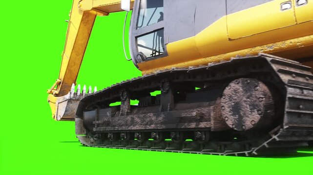 Heavy Tracked Excavator with Bucket Moving on Green Screen, Animated Construction Machinery and Crawler Tracks