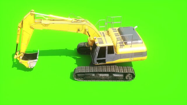 Heavy Tracked Excavator with Bucket Moving on Green Screen, Animated Construction Machinery and Crawler Tracks