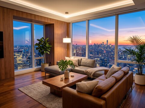 高層マンションの豪華リビングから望む都会の夕暮れ夜景