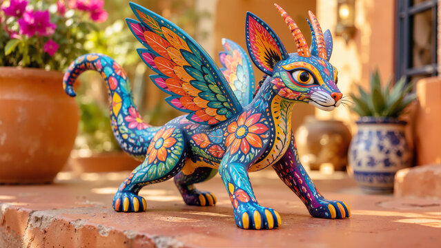 Colorful Mexican Alebrije Figurine with Floral Patterns, Horns, and Feathery Wings Standing Outdoors in a Courtyard