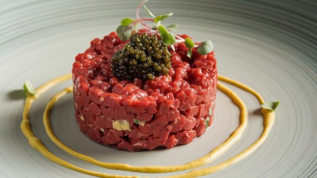 French cuisine. Steak tartare. Finely chopped raw beef is arranged in a round shape, garnished with caviar, and surrounded in a spiral pattern with yellow sauce.